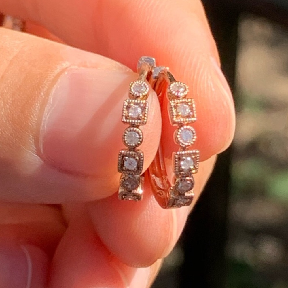 10K Rose Gold & Diamonds Double Click Earrings New - Picture 1 of 15